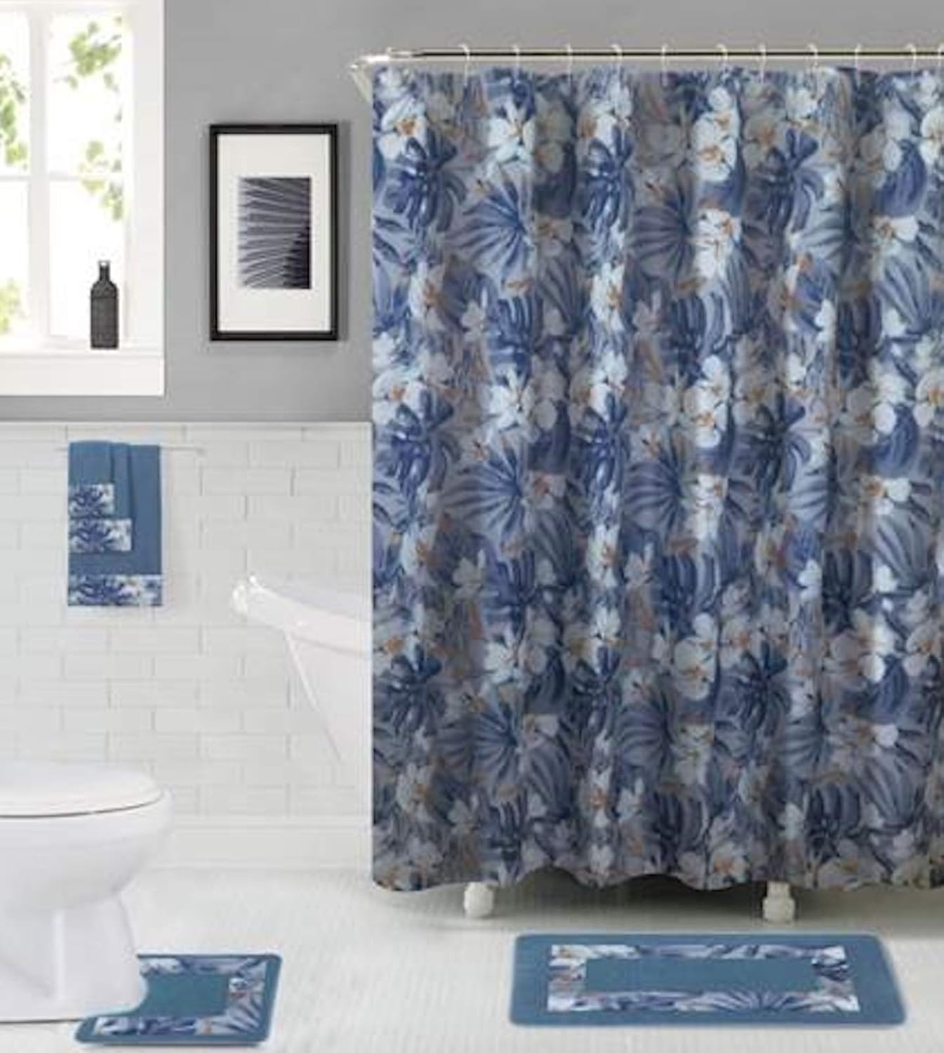 Amazon Com Empire Home 15 Piece Elegant Bathroom Set Bath Rugs Shower Curtain Hooks Free 3 Piece Towel Set Blue White Kitchen Dining