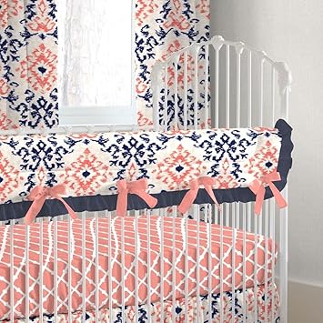 navy and coral crib bedding