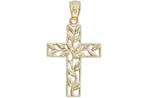CHARM AMERICA Gold Olive Branch Cross Charm - 10 Karat Solid Gold - Cross Pendant Jewelry