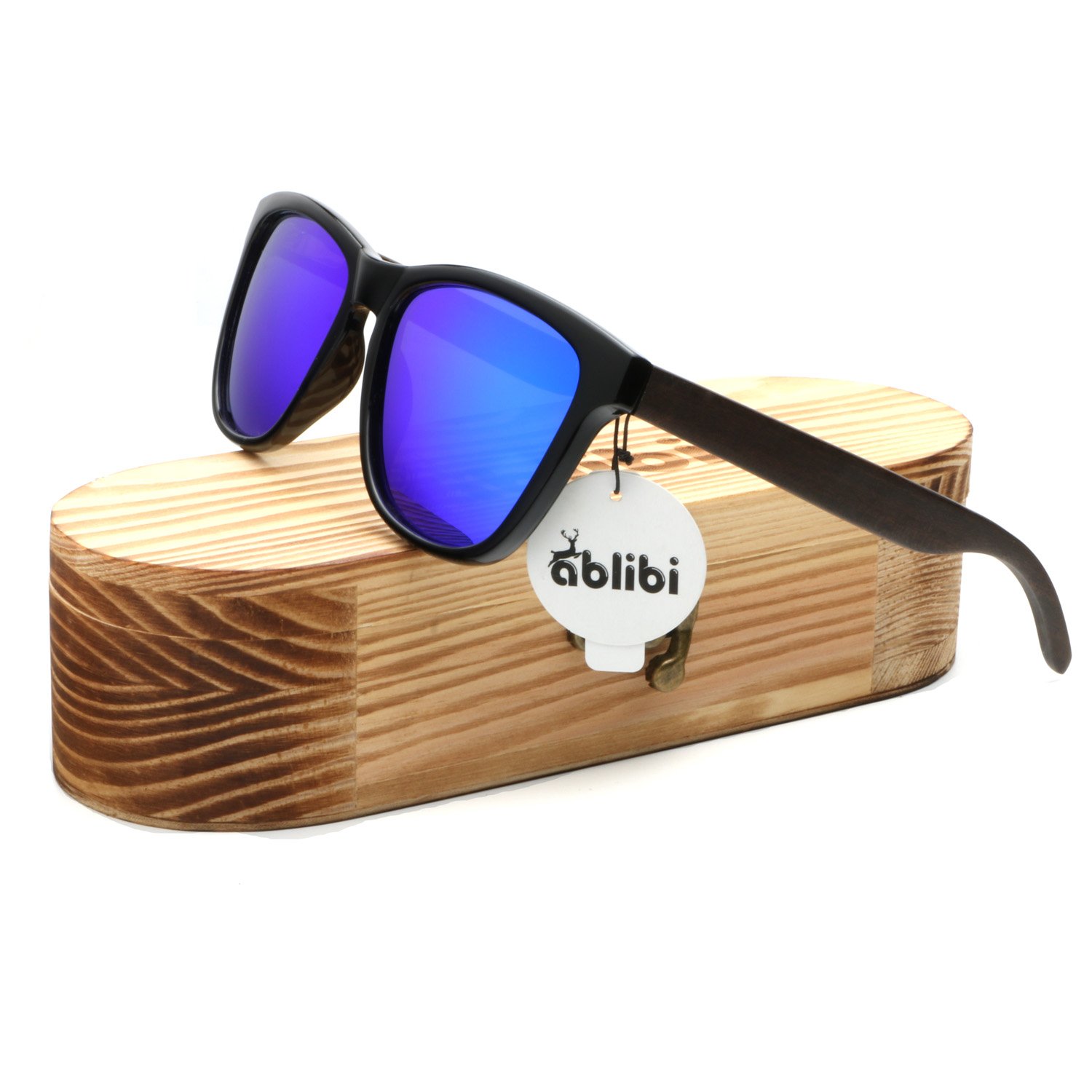 Ablibi Bamboo Wooden Wayfarer Sunglasses Polarized Driving Eyewear in Wood Box (Zebra Wood, Blue)