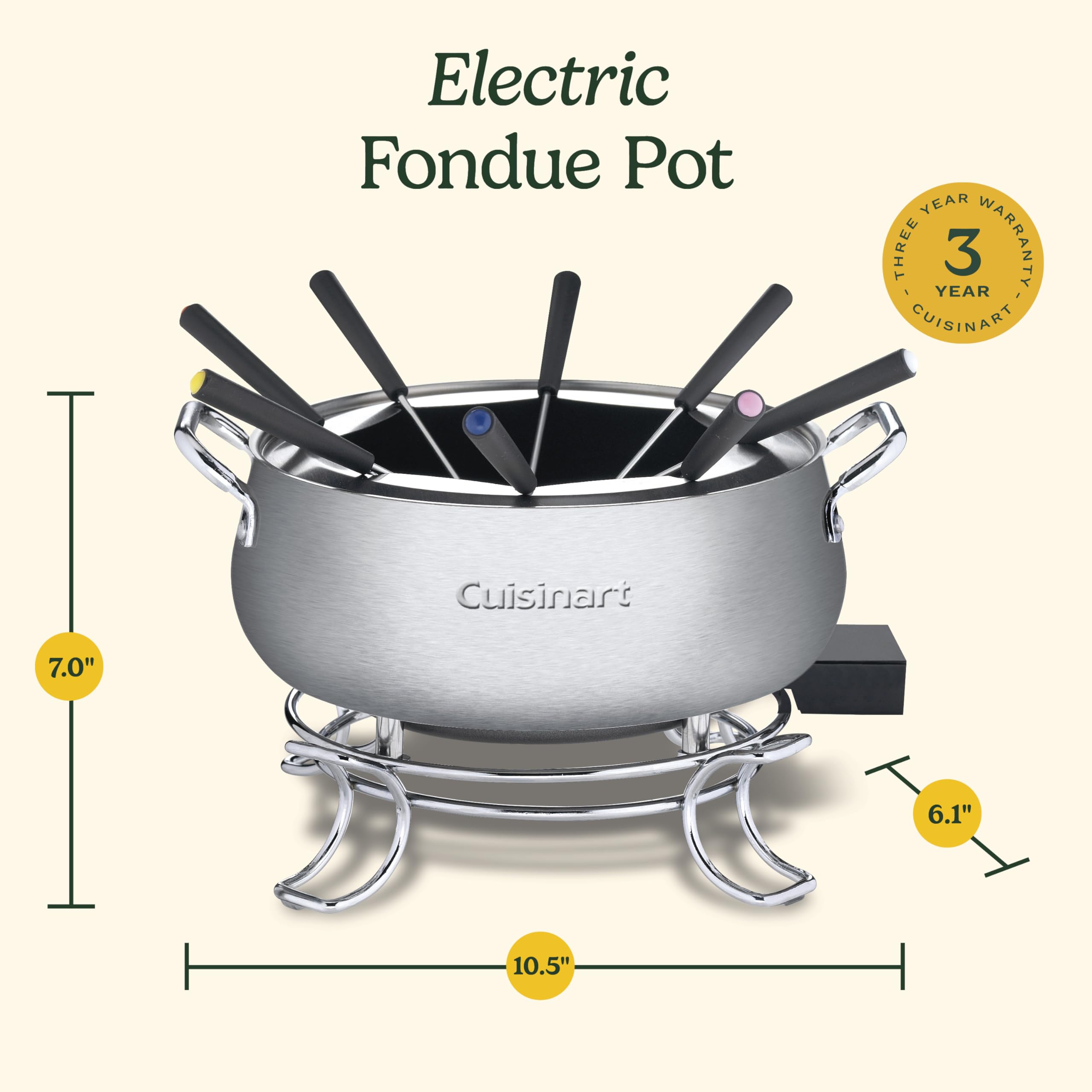 Cuisinart Fondue Pot, 3 Quart, For Chocolate, Cheese, Broth, Oil, Stainless Steel, CFO-3SSP1