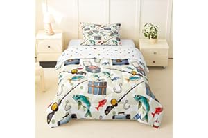 Erosebridal Bass Pike Fish Kids Comforter Sets Fishing Rod and Hook Twin Bedding Set for Boys Girls Fish Pattern Theme Comfor
