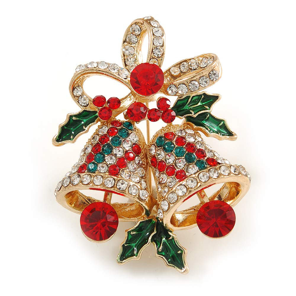 Christmas Crystal Jingle Bells Brooch In Gold Tone Metal (Red/Green/Clear) - 50mm Tall