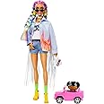 Barbie Extra Doll & Accessories with Rainbow Braids in Long-Fringe Denim Jacket with Pet Puppy and Car for Pet