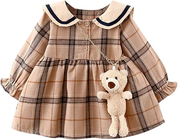 Amazon ベビードレス ワンピース チェック柄 子供服 女の子 お嬢様 プリンセスドレス 可愛い 海軍風 春 秋 冬 ベビ服 赤ちゃん ドレス ジャンパースカート 子どもワンピース 熊ショルダー付き 通園 七五三 出産祝い 誕生日 フォーマル プレゼント スカート 通販