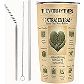 SNUGLYZEN Veteran Appreciation Tumbler 20oz, Vacuum Insulated Stainless Steel Travel Mug with Lid, Olive Green Retro Newspaper Design, Military Retirement & Veterans Day Gift, Patriotic Thank You Cup