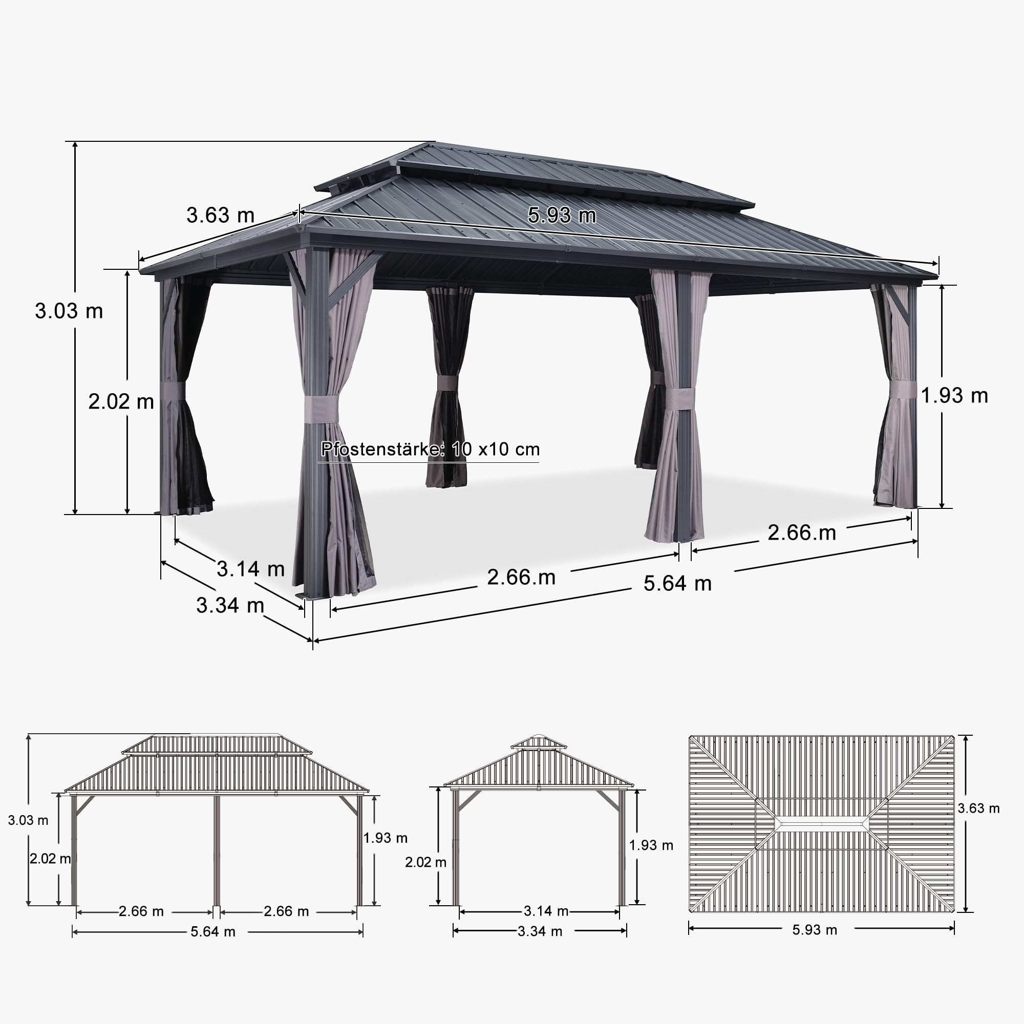 PURPLE LEAF Gartenpavillon 3.65 x 6 m Festem Dach, Basisch Pavillon Wasserdicht Stabil Winterfest Alu Pavillon mit Seitenwänden Hardtop Gartenpavillon mit Stahldach, Grau 7