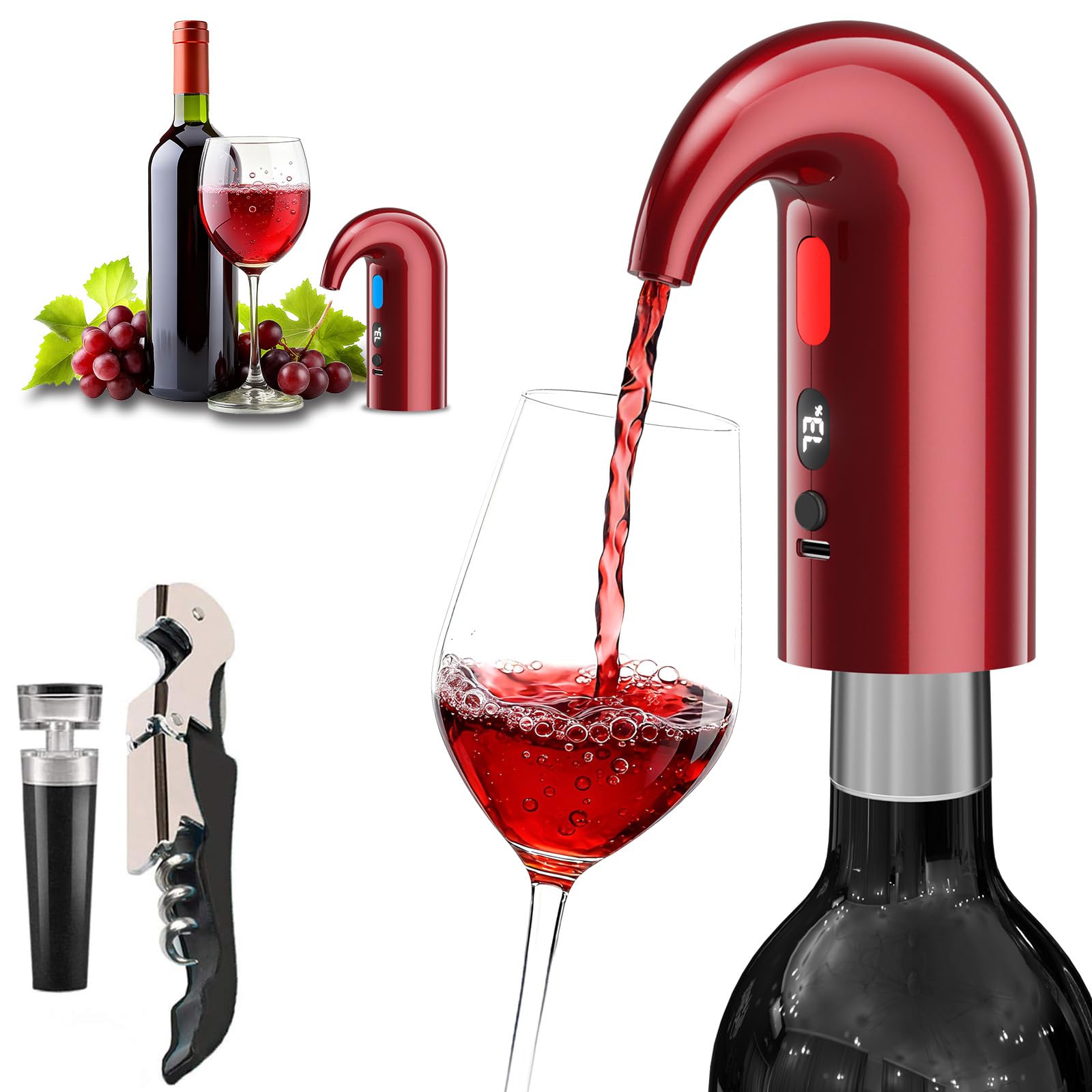 Electric Wine Aerator & Dispenser – 1-Touch Instant Aeration, Precision Pouring & Temp Display – USB Rechargeable Gift Edition for Parties, Holidays & Wine Lovers (Red) Image