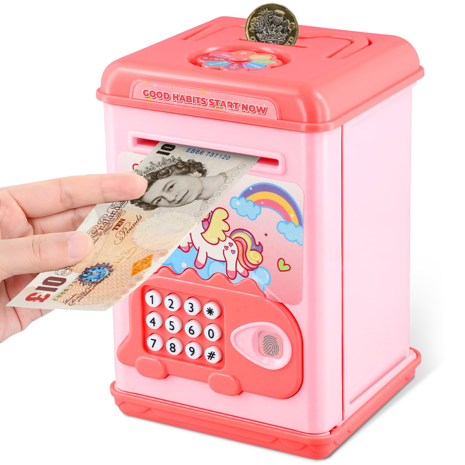 Cartoon Piggy Banks for Kids, Electronic ATM Password Cash Coin Saving Can with Password Face/Fingerprint Recognition Unlocking, Auto Scroll Paper Money Saving Box Toy Gifts for 3+ Boys Girls (pink)