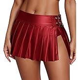 FEOYA Leather Pleated Mini Skirt for Women Low Rise Split Side Metallic Micro Skirts with Built in Shorts