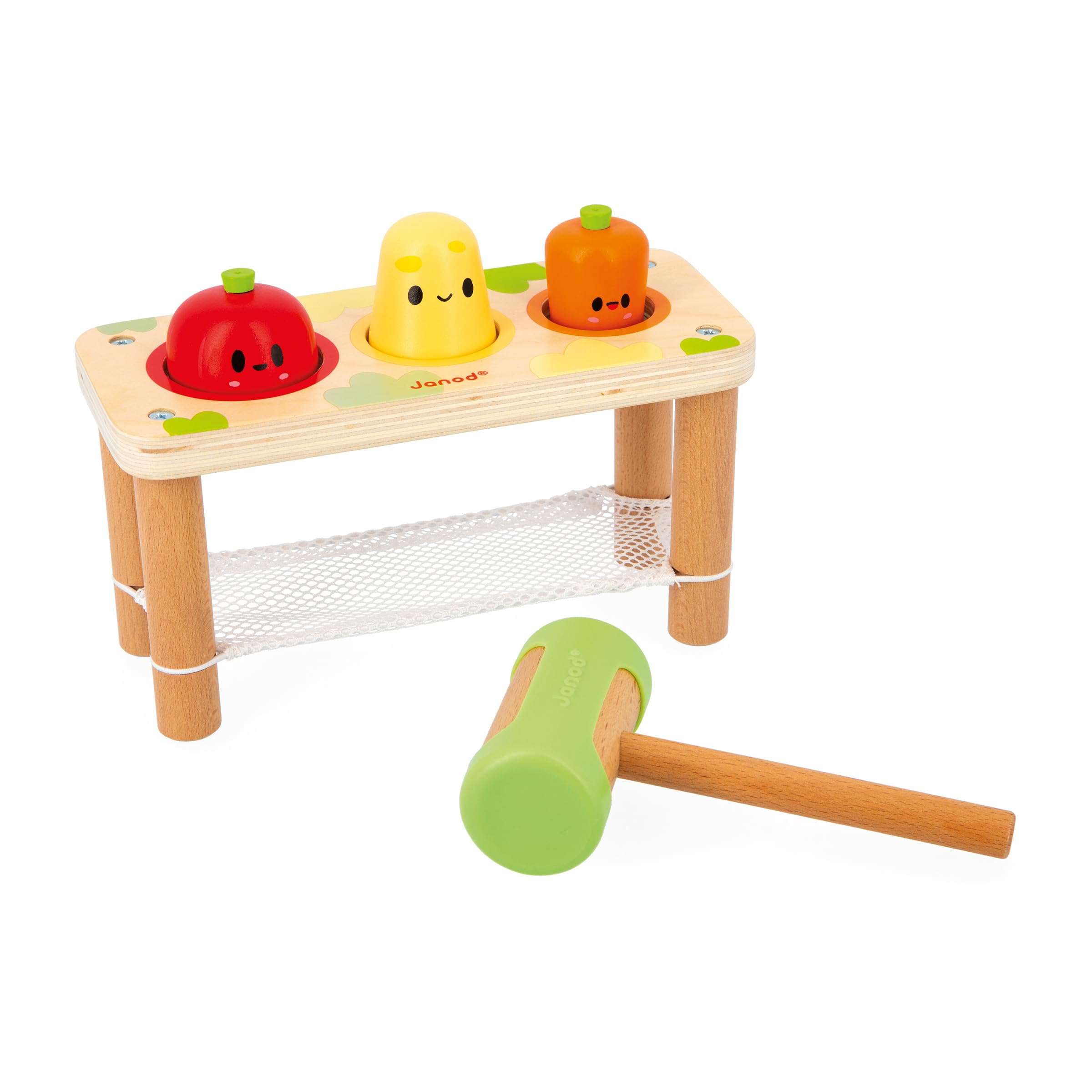 Janod - Whack-A-Farm Vegetable Game - Children’s Early-learning Toy - 3 Garden Vegetables + 1 Mallet - Develops Fine Motor Skills - FSC Wood Toy - 12 Months +, J03309
