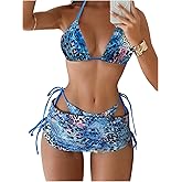 OYOANGLE Women's 3 Piece Bikini Set Leopard Tropical Triangle Swimsuit with Cover Up Beach Skirt Bathing Suit