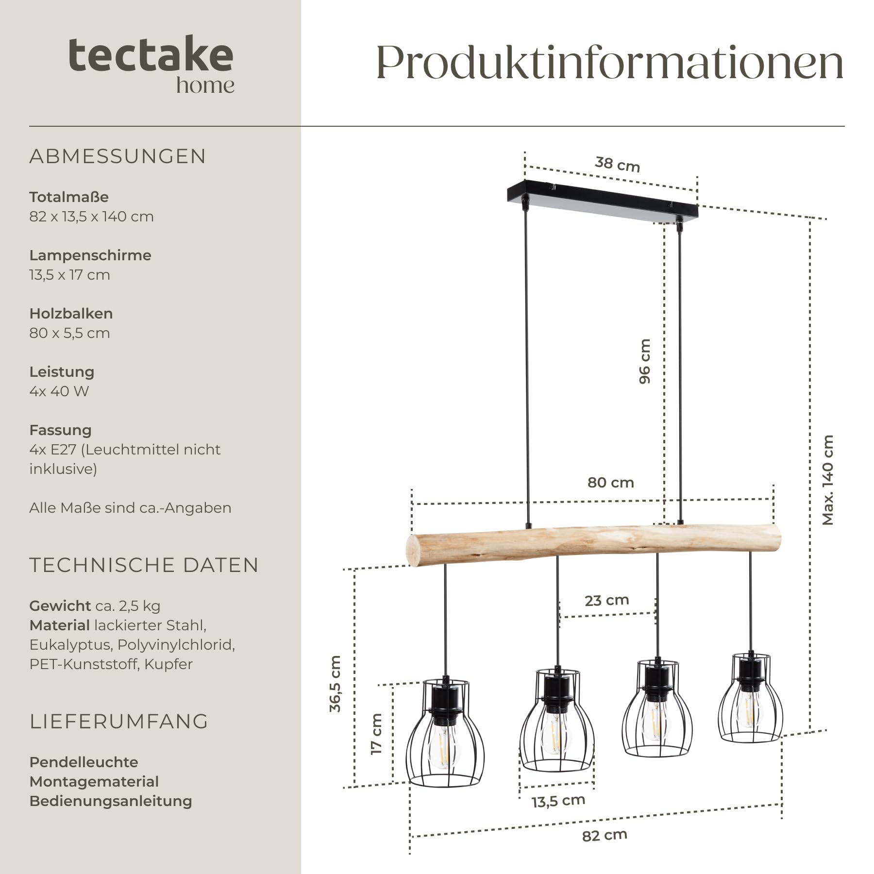 tectake® Pendelleuchte, Lampe hängend 4-flammig, Deckenlampe schwarz mit Holzbalken, Industrial Style Wohnzimmer, Esszimmer Lampe, Wohnzimmerlampe, Flurlampe, Hängelampe Esstisch 6