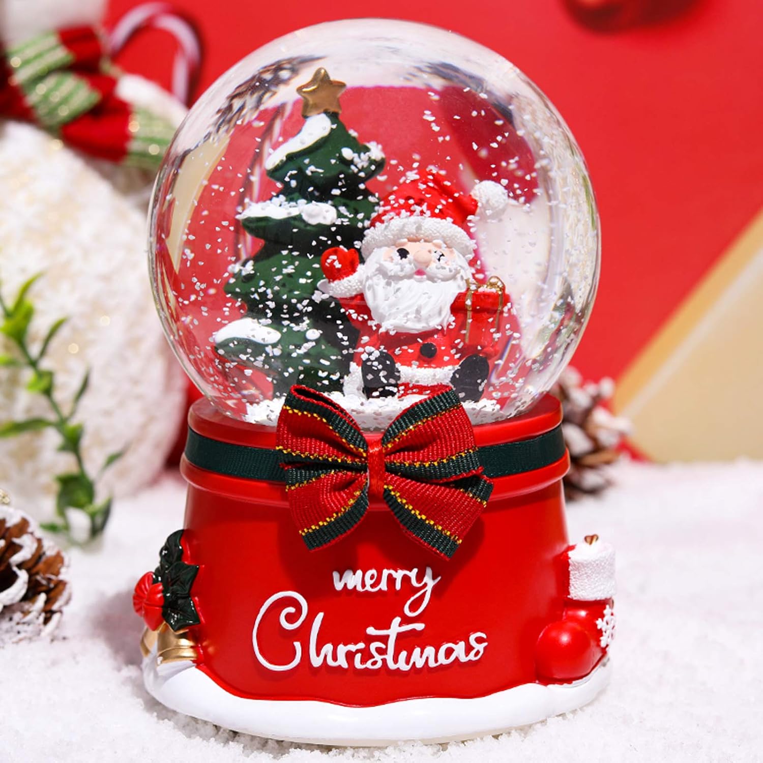 Snow Globes - XXMANX 100 MM Christmas Snow Globe with 8 Music and 4 Color Lights Music Box Home Decoration for Girls Boys Kids Granddaughters Babies Birthday Gift, Musical, Resin/Glass (Automatic Snow Drift)
