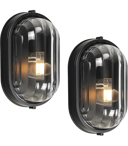 FEMILA 11" Oval Bulkhead Exterior Wall Sconce – 2-Pack, Oil-Rubbed Bronze, Aluminum, Ripple Glass, IP44, Indoor/Outdoor Wall Or Ceiling Mount
