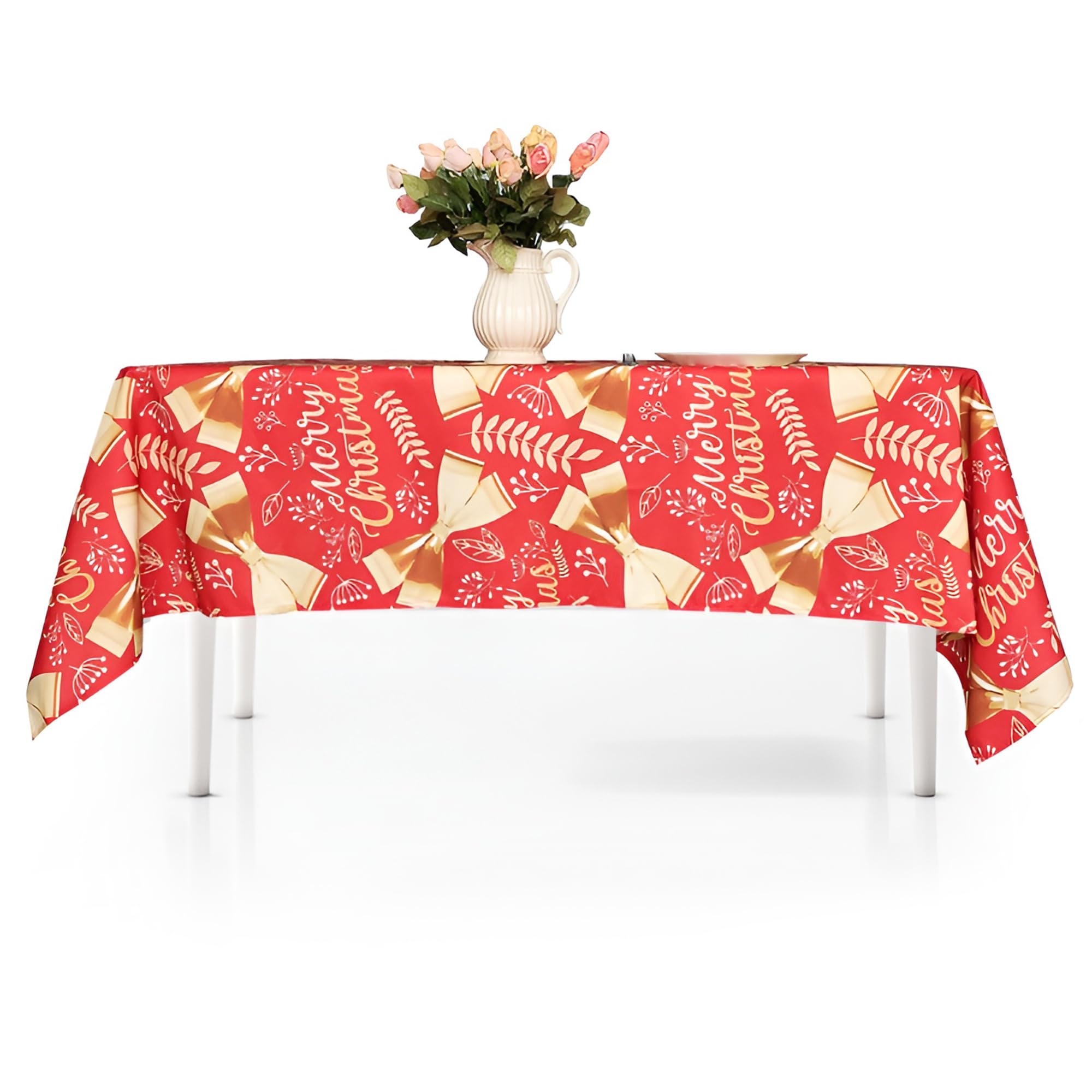 Trimming Shop Christmas Table Cloth Rectangular Wipe Clean Water Resistant Polyester for Dining Room Tables Xmas Party Holiday Winter Home Decor, 60" x 84", Palm Leaves - Red