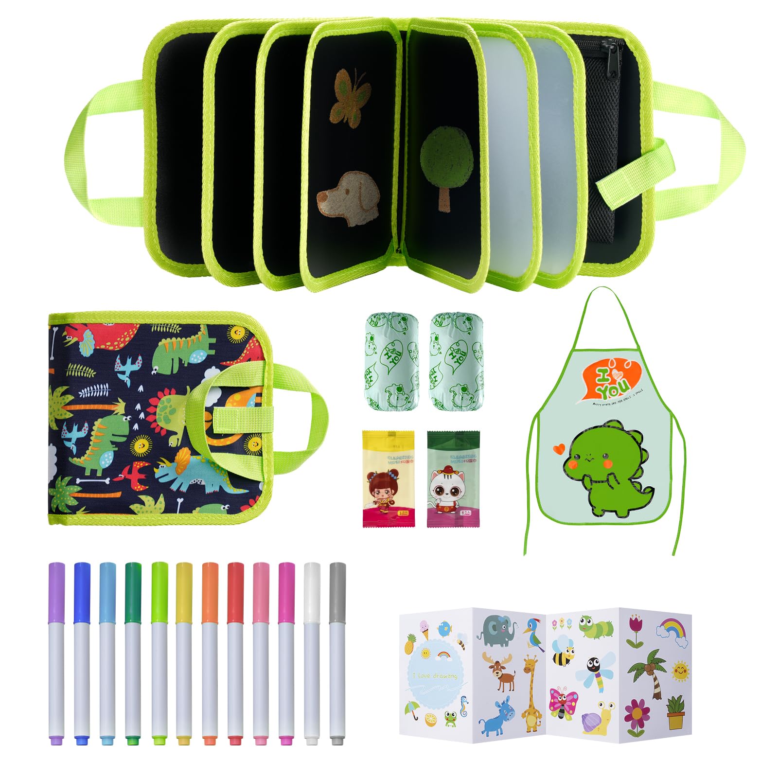 DoGeek Upgrade Erasable Doodle Books, Double-Sided Kids' Drawing Writing Boards with 12 Coloring Pens,Portable Learning Drawing Pad,Kids Plane Activities Toys Birthday Gifts for 3-8 Years(Green)