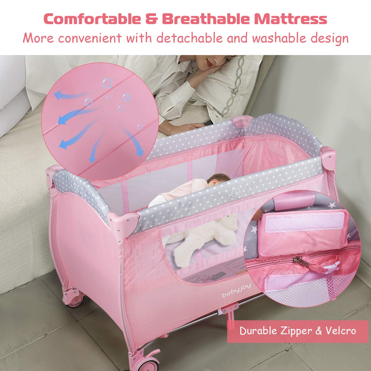 BABY JOY 3 in 1 Pack and Play, Foldable Baby Travel Crib with Bassinet, Changing Table, Brake Wheel, Convertible, Newborn Napper with Storage Shelf, Oxford Carry Bag, Portable Baby Playard