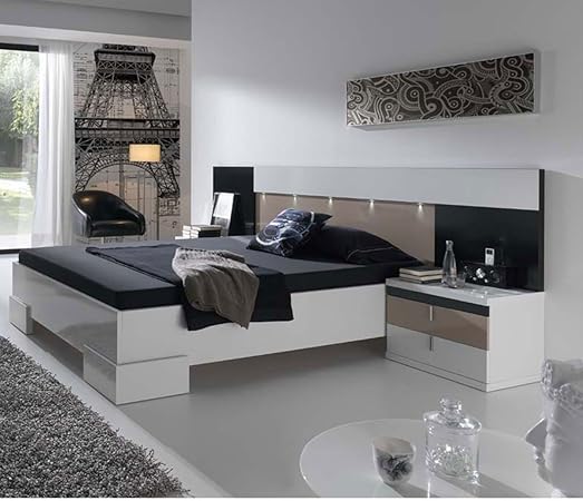 Meubles Chambre A Coucher Design Athena Led Atylia Matiere Melamine Couleurs Blanc Noir Vison Amazon Fr Cuisine Maison