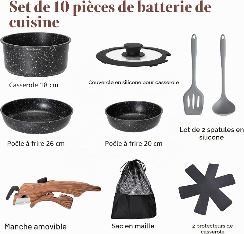 Lot de 10 Casseroles et Poêles,Poignée Amovibl,Noir