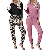 Frcdaunrs 2 Pack Womens Pajama Sets Long Sleeve Sleepwear Matching Pjs Set V Neck Loungewear with Pockets S-XXL