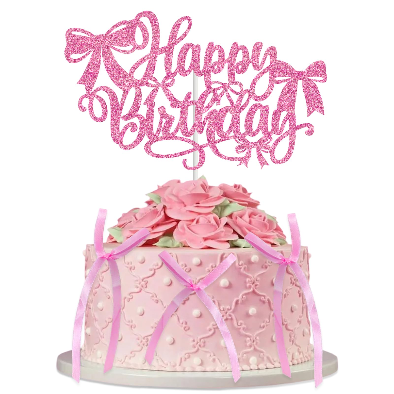 Photo 1 of Bow Themed Happy Birthday Cake Topper Decor with 6 Pink Twist Tie Bows, 6.6 x 4 Inches Glittery Pink Bowknot Cupcake Sign Toppers Decorations for Coquette-Style Birthday Party Supplies