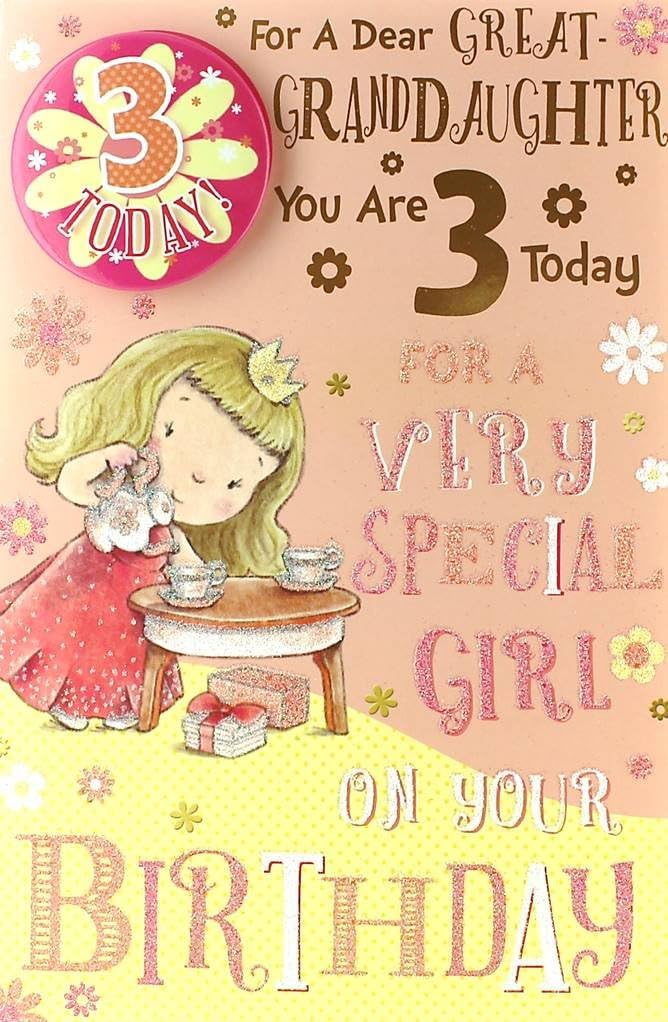 Great Granddaughter 3rd Birthday Card & Badge - 3 Today Girl & Unicorn 9" x 6", beige|pink|red|oak, 23cm x 15cm