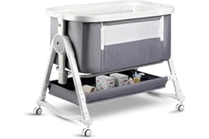 suihuooo 4 in 1 Baby Bassinet, Bassinet Bedside Sleeper with Wheels and Storage Basket, Adjustable 7 Heights Bedside Sleeper with Mosquito Net, Breathable Mesh Rocking Bassinet for Baby/Newborn