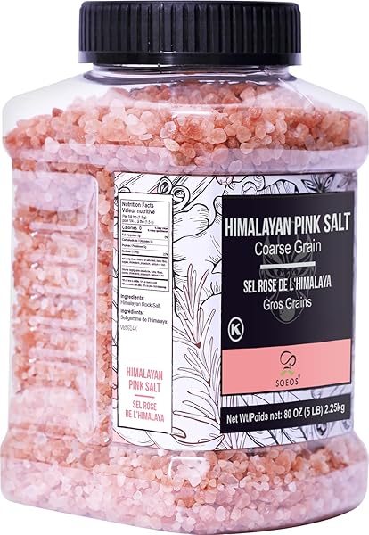 SOEOS HIMALAYAN PINK SALT, COARSE GRAIN, 80OZ (5 POUND), PINK SALT, KOSHER SALT, PINK HIMALAYAN SEA SALT COARSE FOR GRINDER REFILL