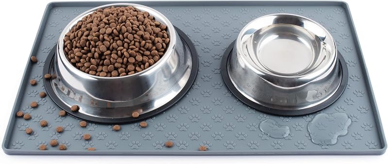 Coomazy Cat & Dog Feeding Mat Silicone Waterproof Bowl Tray Grey 18.9x11.8in