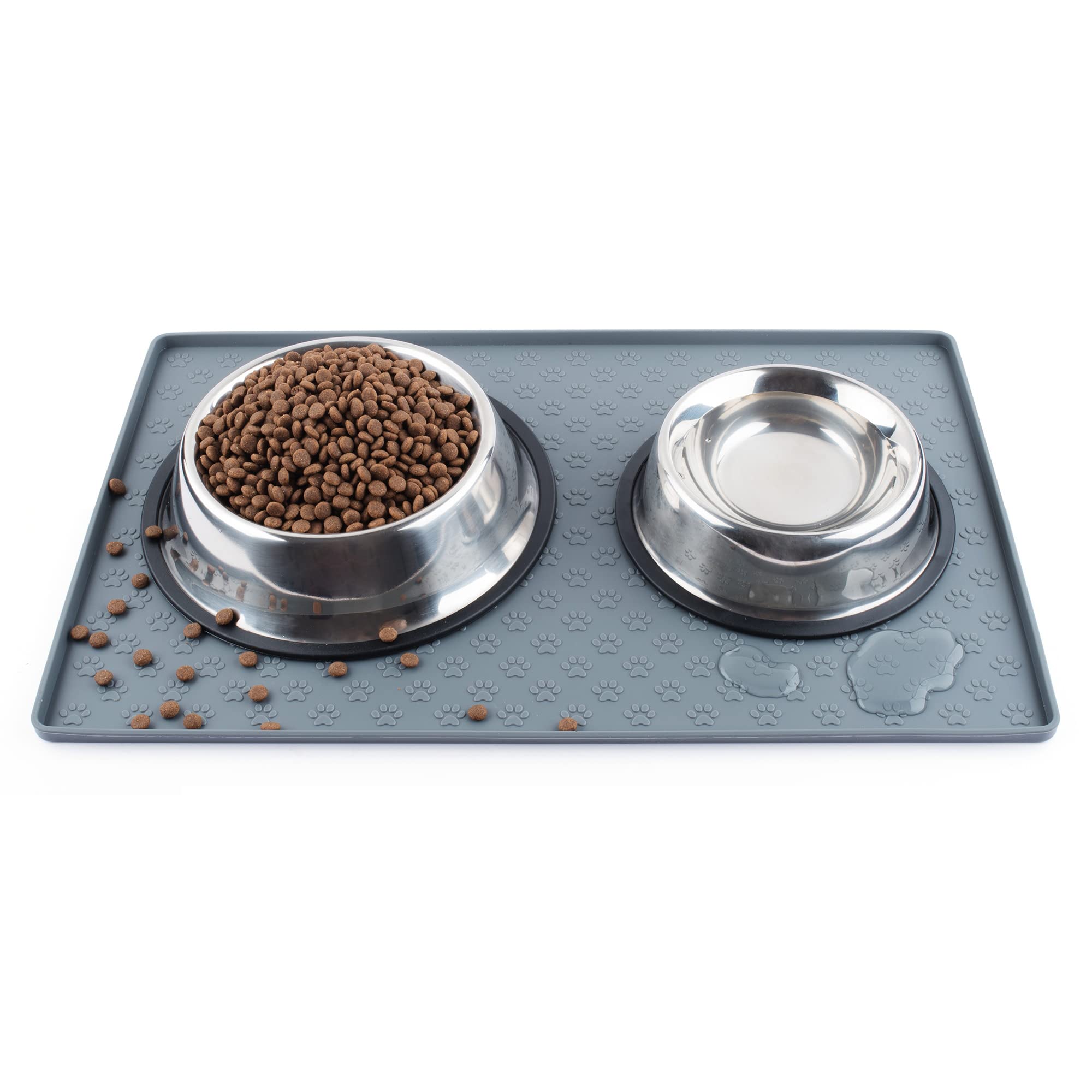 Coomazy Cat & Dog Feeding Mat, Sillicone Waterproof Pet Bowl Placement Tray to Stop Food Spills and Water Messes Out to Floor (M: 18.9x11.8in, Grey)