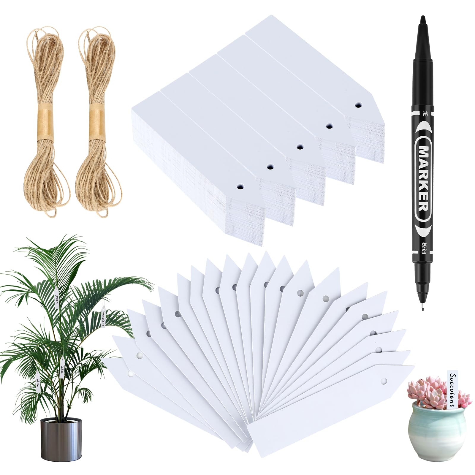 300Pcs Plant Labels for Outdoor Plants Plastic, Reusable Plant Labels, Plant Tags, White Plant Markers & Labels with Marking Pen and Twine for Seed Herb Seedling Vegetable Flower Potted (2 x 10cm)
