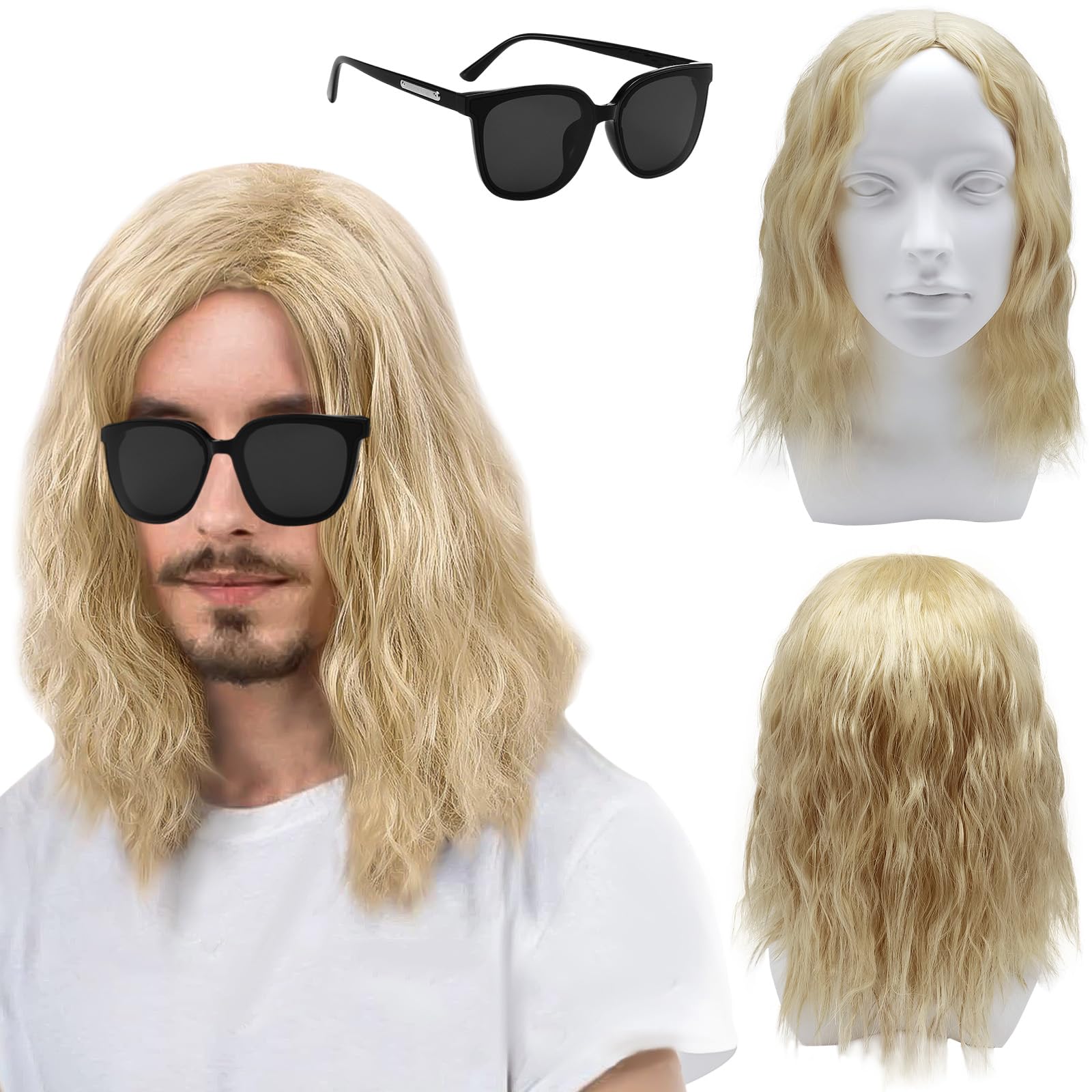 TSHAOUN Mens long Blonde Wig, 16 Inch/40 cm Mid Length Mens Curly Hair Wig for Adult, Pop Rocking Dude Wigs and Sunglasses, 70s 80s Men’s Fancy Dress Party Wigs for Costume Cosplay Halloween (Blonde)