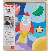 Fisher-Price Wood Space Blocks Jigsaw Puzzle | Wooden Tray &amp; 42 Blocks, Fine Motor Skills &amp; Problem Solving, Preschool Kids Ages 3+ Years