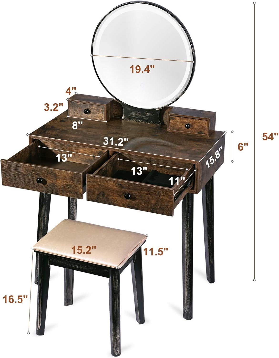 TWING Vanity Table Set,Vanity Set Makeup Dressing Table Dimming Mirror Vanity Desk with 4 Drawers,Brown: Kitchen & Dining