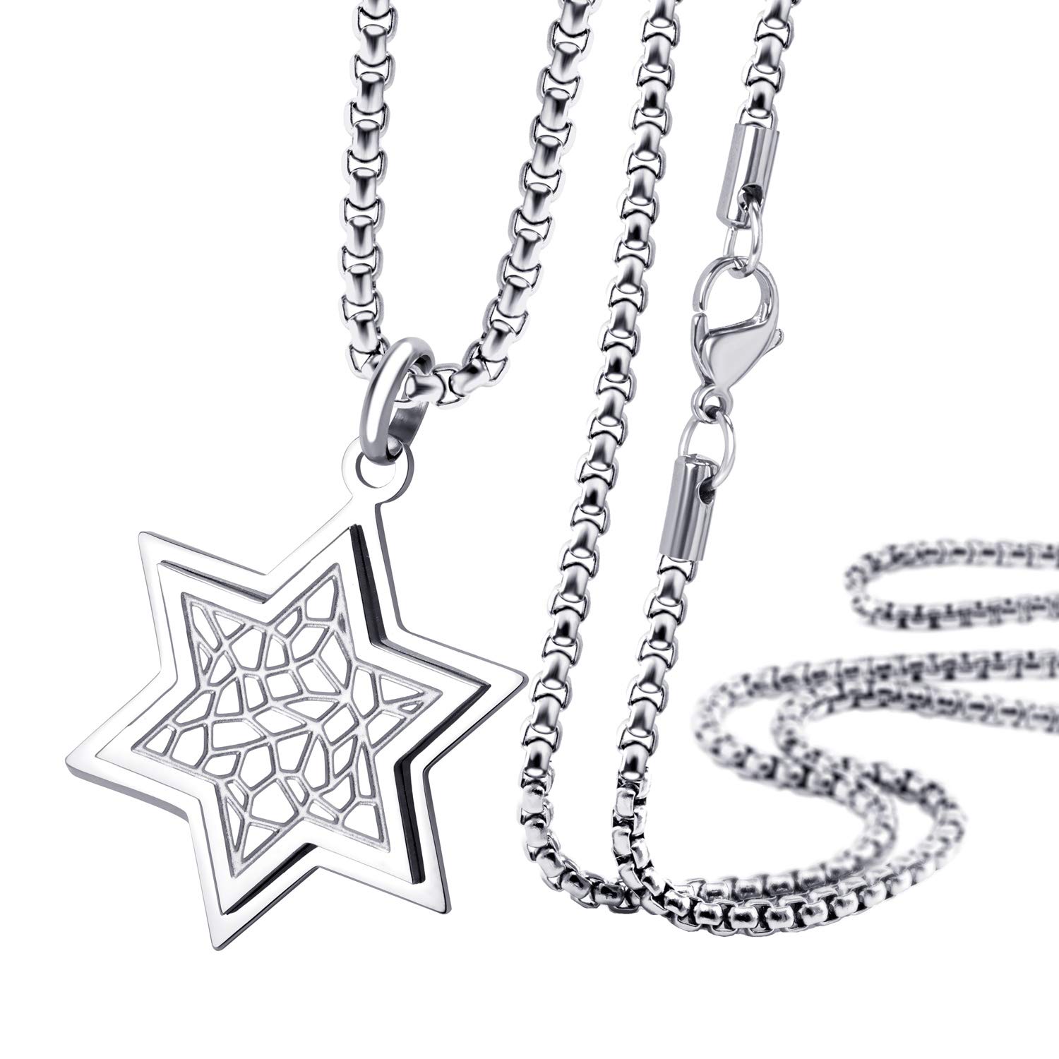 555Jewelry Stainless Steel Star of David Necklace for Men & Women, Box Chain Patterned Star Of David Necklace for Women, Small Jewish Star Necklace, Mens Jewish Star Necklace, 24 Inch, Silver