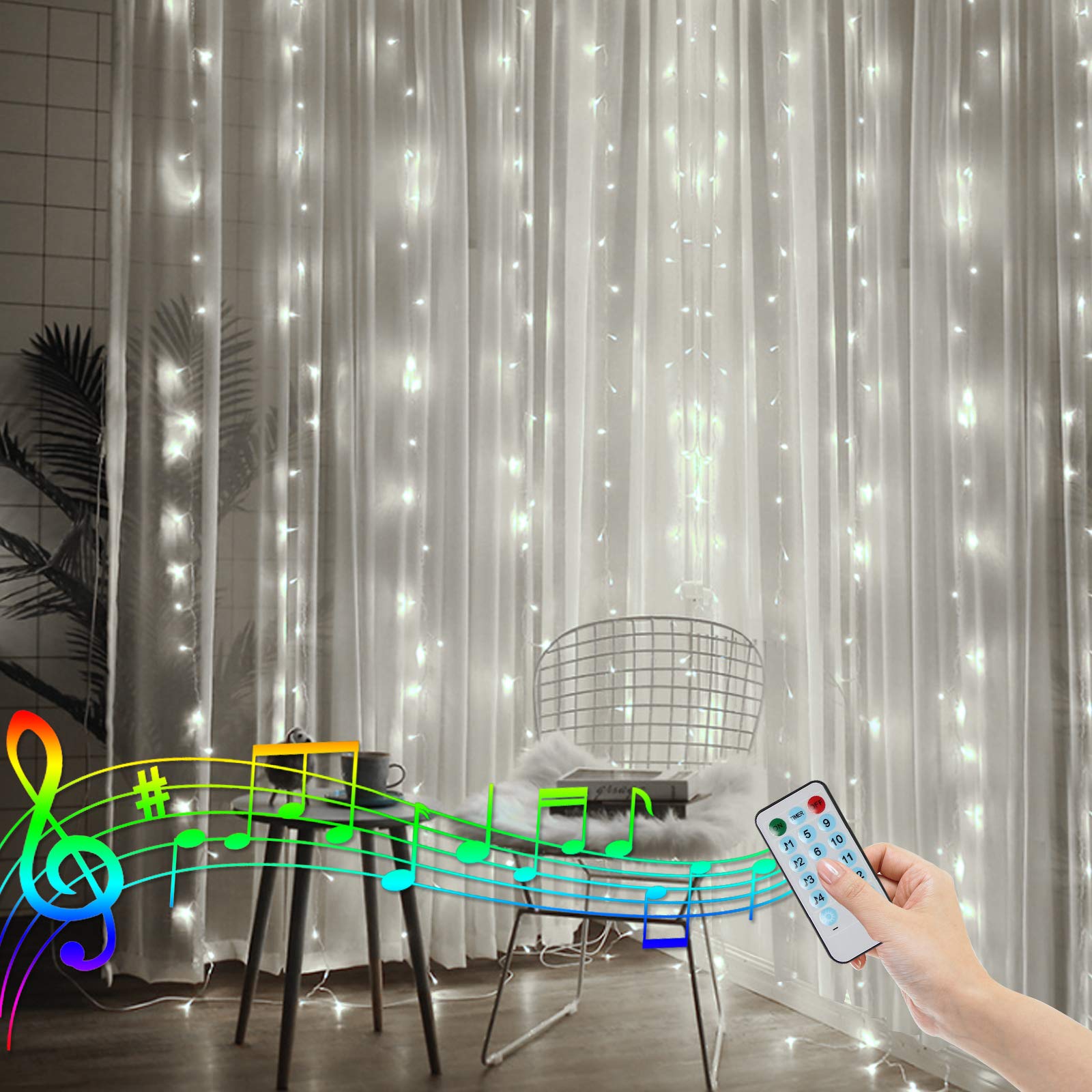 CORST 2M X 2M Backdrop Curtain Lights Battery Powered Window Curtain Light for Room, Music Activated Light Waterproof Wall Icicle Hanging Lights for Indoor Gazebo Xmas Decor(White)