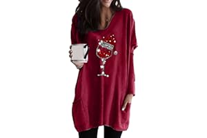 YMING Womens Christmas Crew Neck Sweatshirt Xmas Printed Long Sleeve Shirt Oversized Loose Fit Pullover Tops with Pockets
