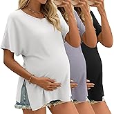 Riyiper 3 Pack Women's Maternity Tunic Shirts Cotton Summer Pregnancy Clothes Loose Oversized Split Side Blouse Tops(White, Light Mixed Gray, Black,Small)