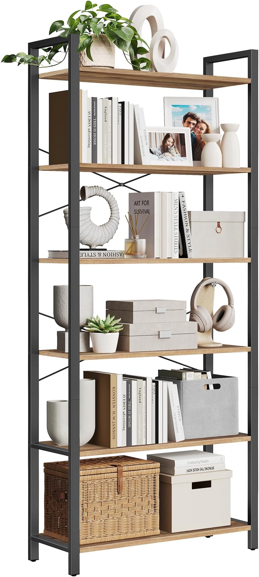 VASAGLE 6-Tier Bookshelf Bookcase 30x80x186 cm Wheat Brown Ink Black LLS082B48