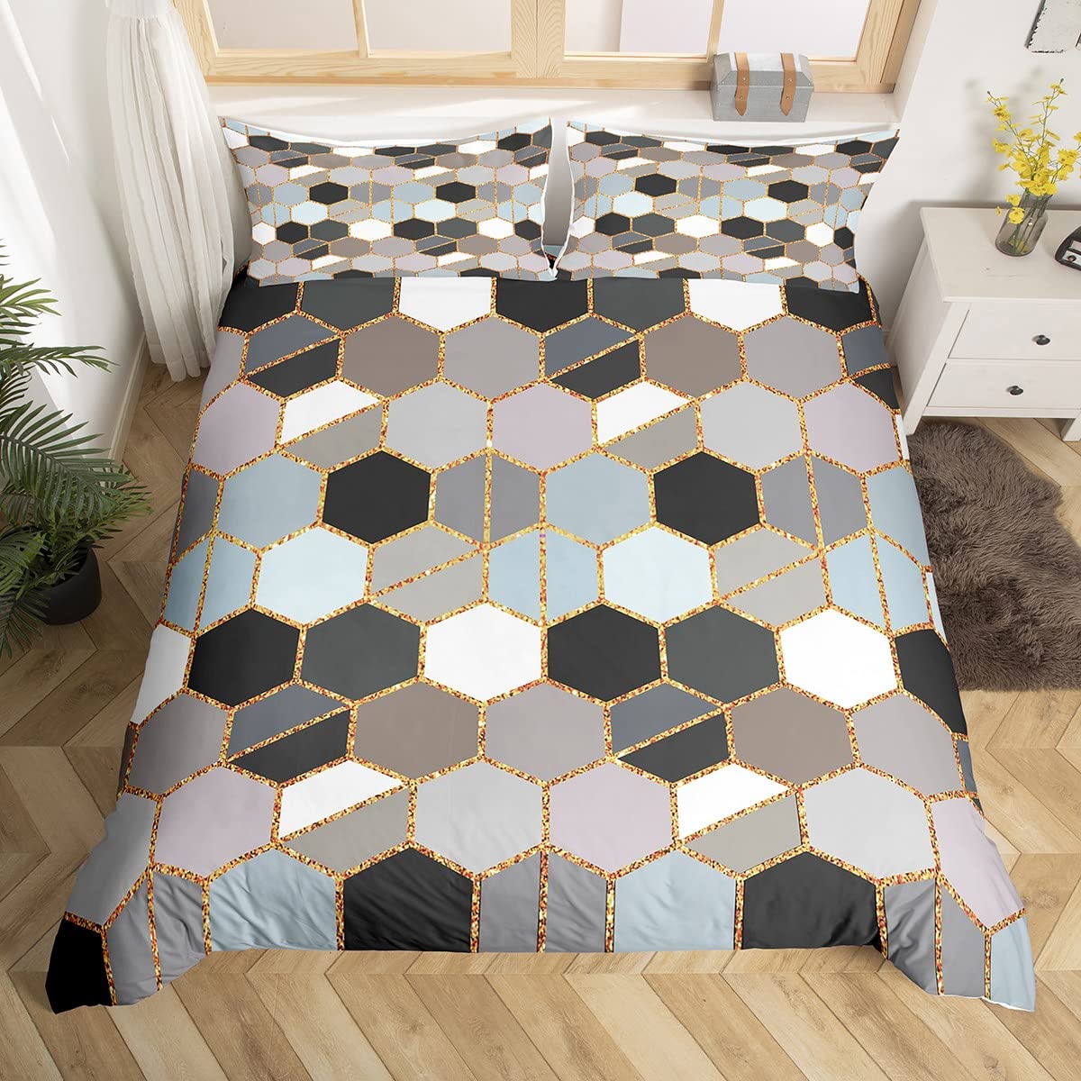 Loussiesd Grey Reversible Comforter Cover for Kids Women Adults, Honeycomb Bedding Set Modern Geometric Duvet Cover Hexagon Strpies Room Decor Ultral Soft Marble Quilt Cover with Zipper Single Size