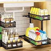 AURIKAR Under Sink Organizer 2-Pack, Metal 2-Tier Pull-Out Cabinet Shelf with Slide-Out Mesh Drawers, Height Adjustable, Space-Saving Under Sink Storage Racks for Kitchen, Bathroom, Laundry Room