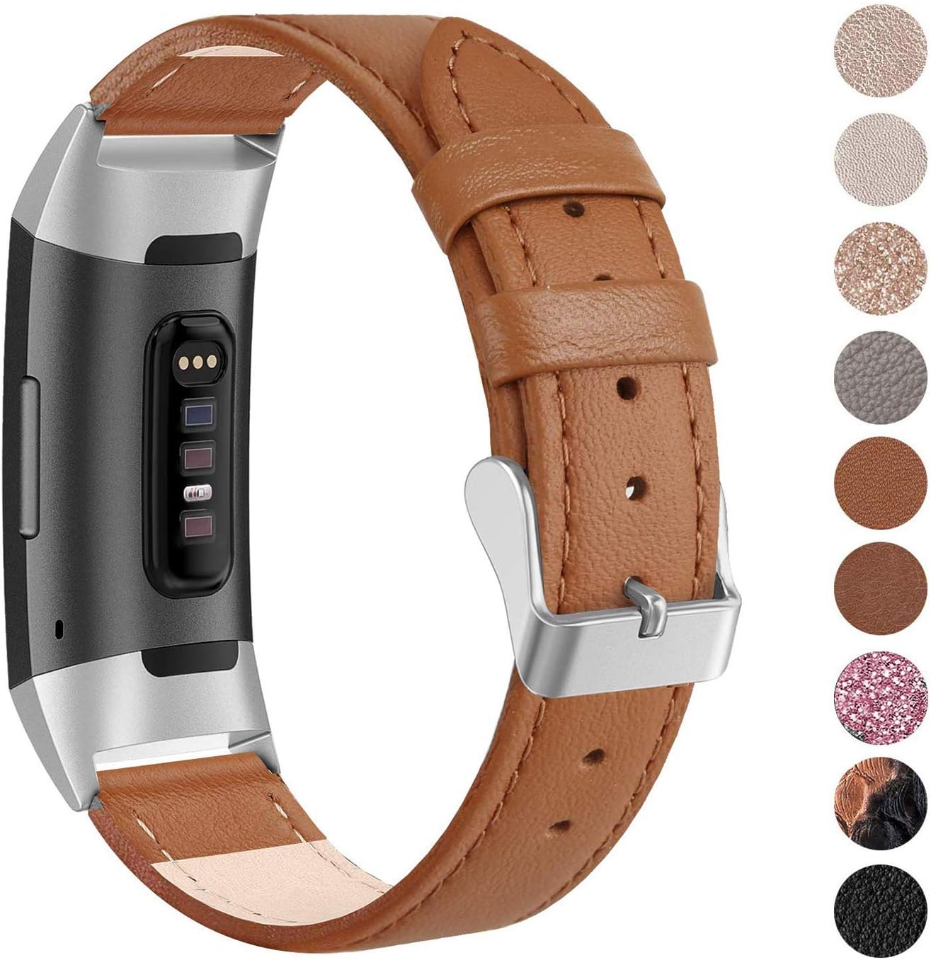 SWEES Leather Bands Compatible for Fitbit Charge 4, Charge 3 & Charge 3 SE Fitness Tracker, Genuine Leather Band Strap Wristband Replacement for Women Men Small Large, Black, Rose Gold, Beige, Brown