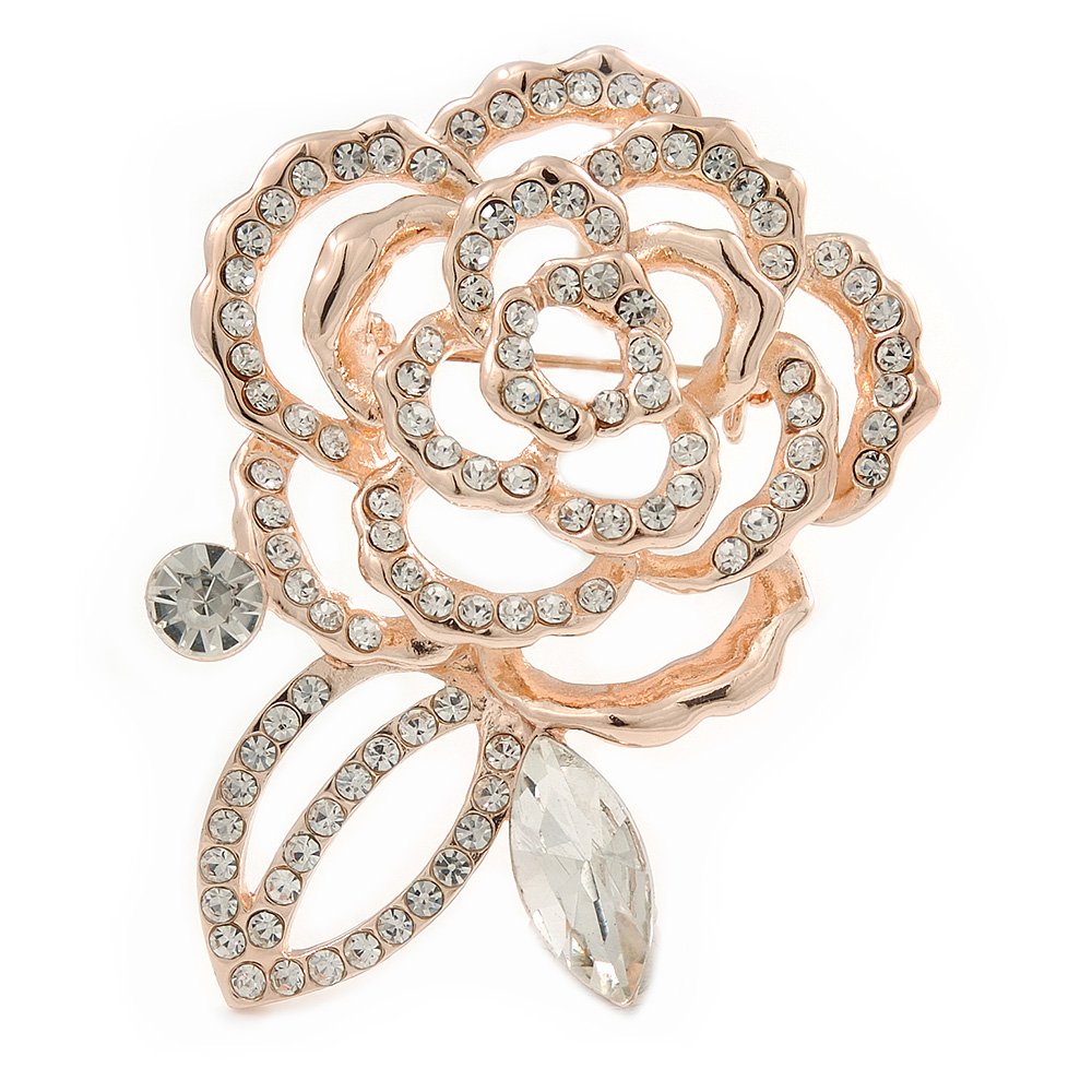 Rose Tone Metal Open Crystal Rose Brooch - 55mm