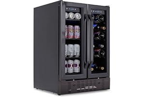NewAir 24” Wine and Beverage Refrigerator and Cooler, 18 Bottle and 60 Can Capacity, Built-in Dual Zone Fridge in Black Stainless Steel with French Doors