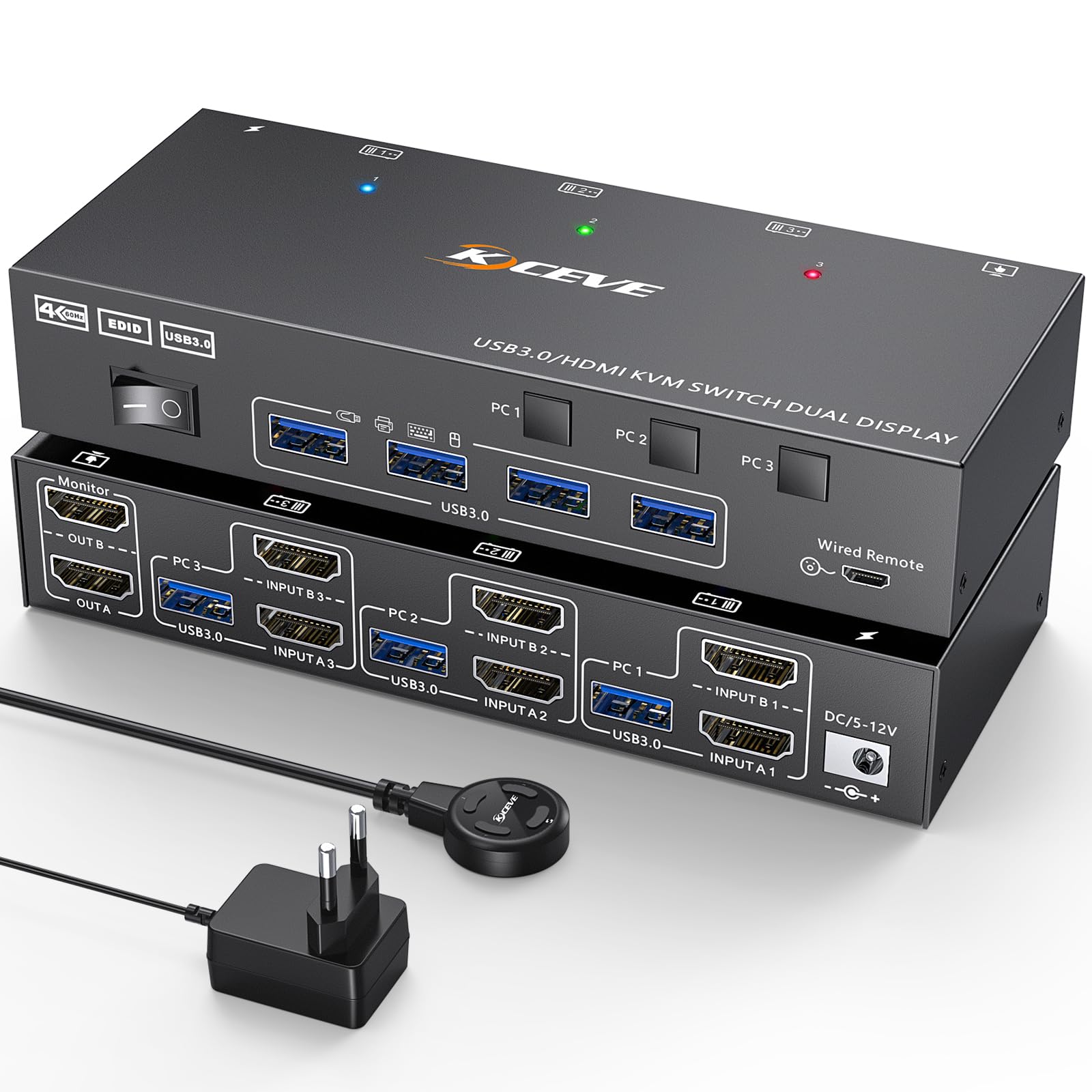 Camgeet HDMI KVM Switch 2 Monitors 3 Computers, EDID Emulator, 4 K@60Hz Dual Monitor KVM Switch for 3 Computers Share 2 Monitors and 4 USB 3.0 ports, with Wired Remote, USB Cables, 12V power adapter