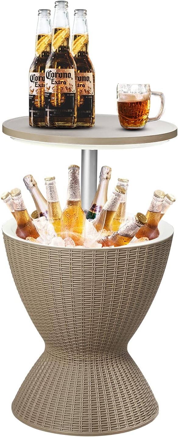 DOIT Height Adjustable Cool Bar Outdoor Patio Table,All-Weather Cool Wicker Bar Table with Ice Bucket for Party, Pool, Deck, Beach (Coffee, Modern): Kitchen & Dining