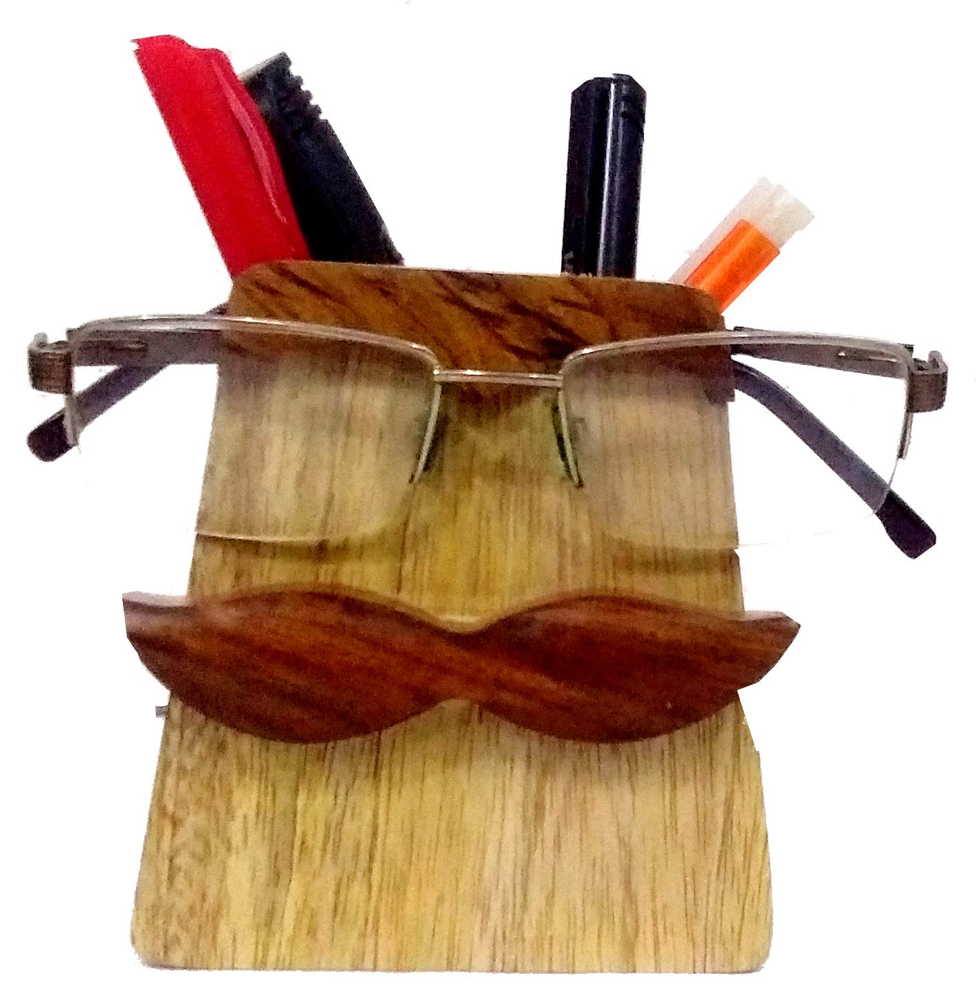 Purpledip Wooden Pen Stand Spectacles Holder 'Naughty Boy': Quirky Design Handmade Gift (11883)