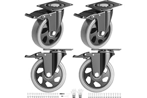 WOZESEIK 4 Inch Caster Wheels Heavy Duty 2200Lbs, Casters Set of 4 with Safety Dual Locking, Swivel Industrial Plate Casters, No Noise Wheels for Cart, Furniture(Bonus of 2 Hardware Kits & Gloves)