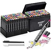 Alcohol,84 Colors Dual Tip Coloring Markers for Adults,Markers for Adults,Give 1 White Highlighter,1 Tracing Pen,Coloring Illustrations Sketch Drawing Painting Card Making(Black Pen Container)